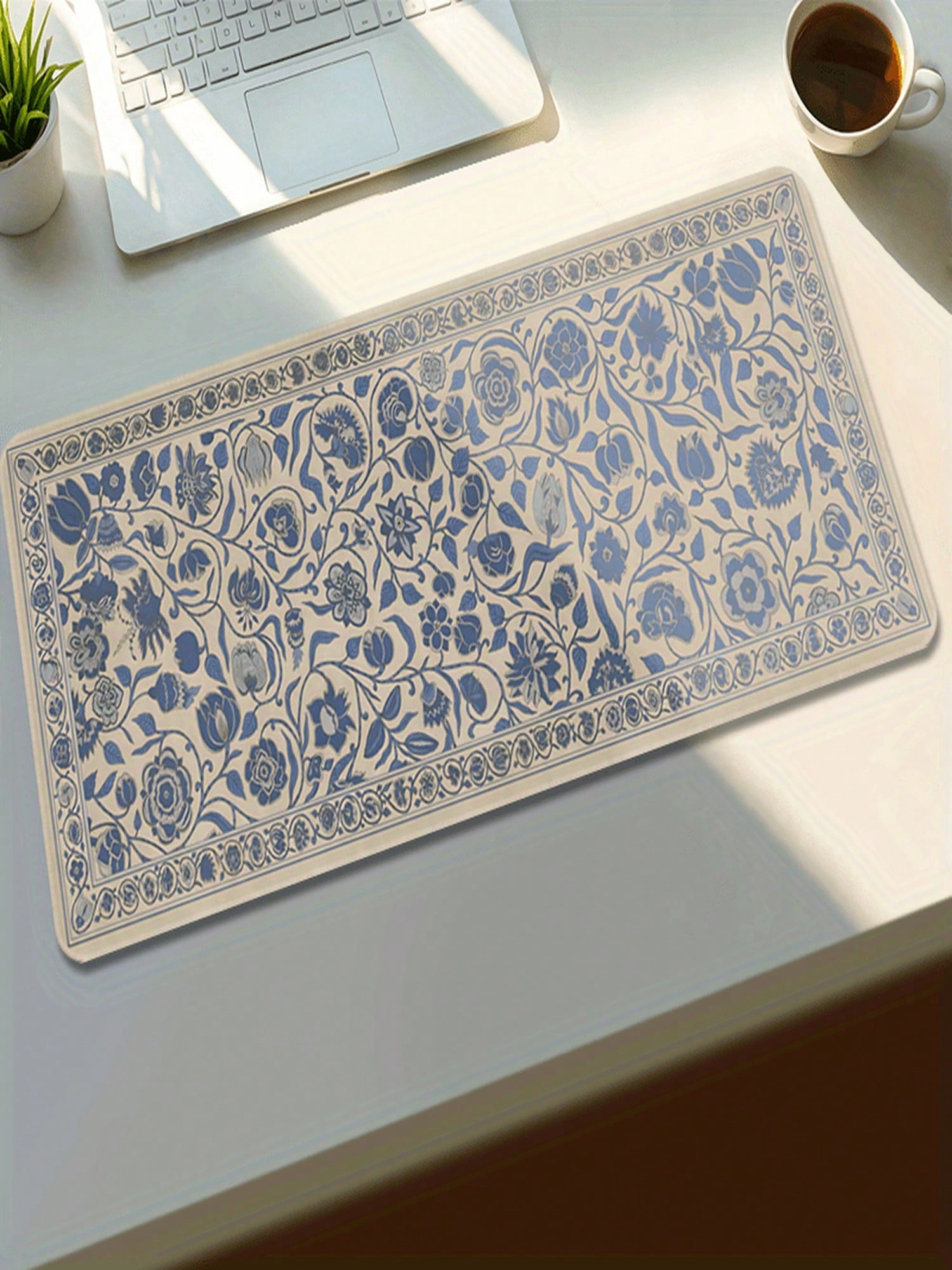 Gaming Keyboard Blue - Elegant Floral Blue And Beige Retro