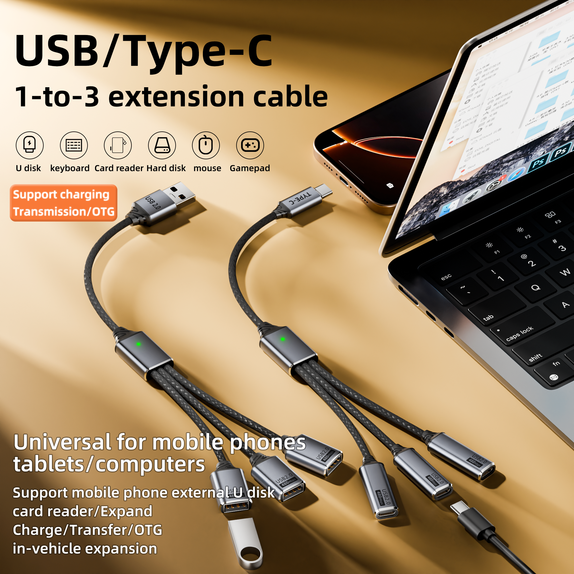 USB splitter cable 1-in-3outpu - Gaming Keyboard Type C recensie en prijs